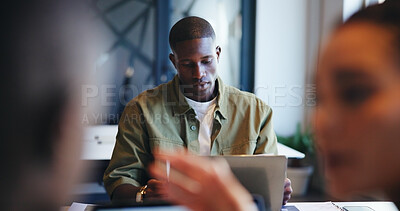 Buy stock photo Coworking, laptop and planning with business man in office for administration, report or research. Computer, development and review with employee reading online information or knowledge in workplace