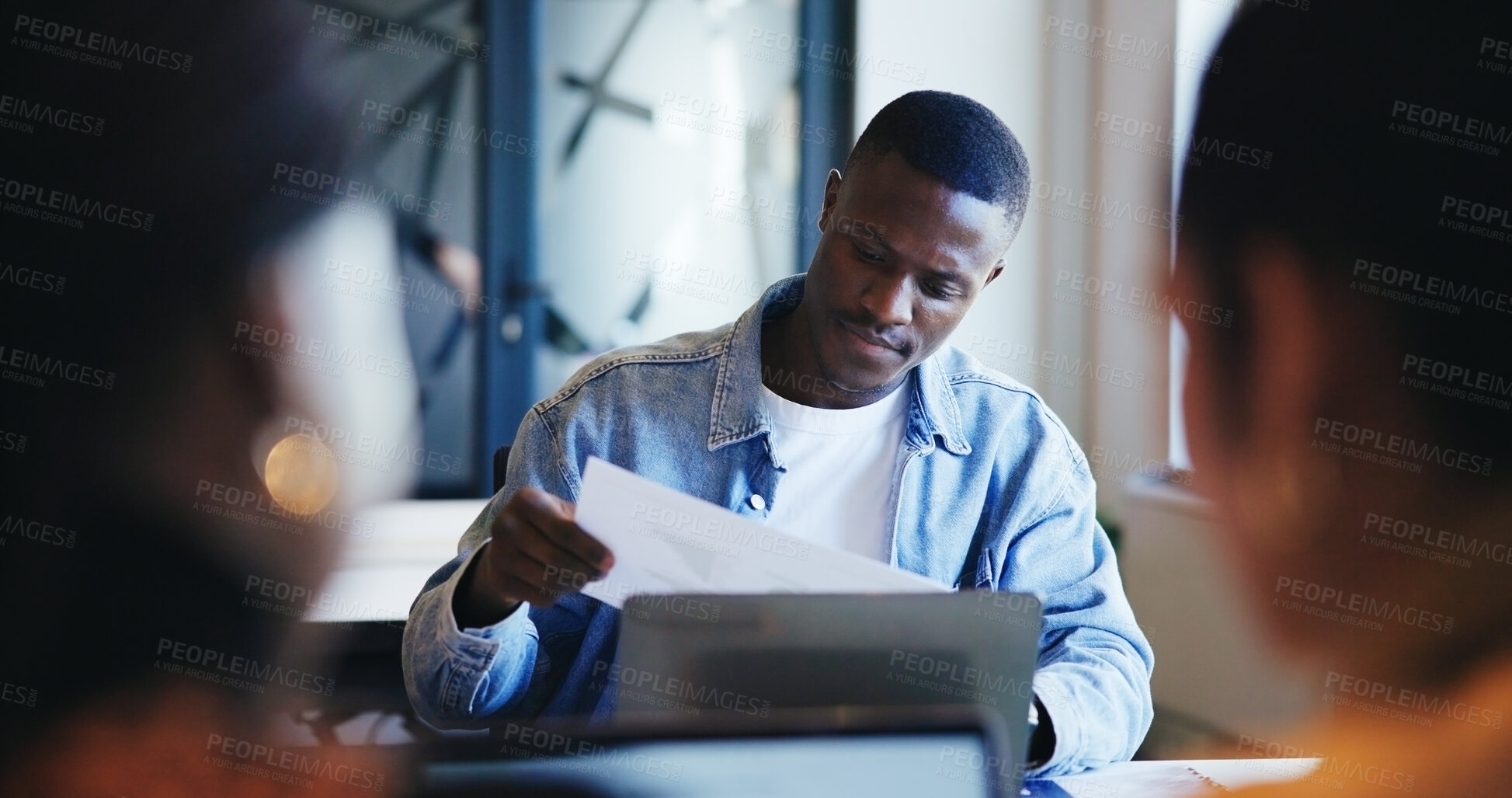 Buy stock photo Coworking, documents and laptop with business man in office for administration, report or research. Computer, paperwork and review with employee reading online information or knowledge in workplace