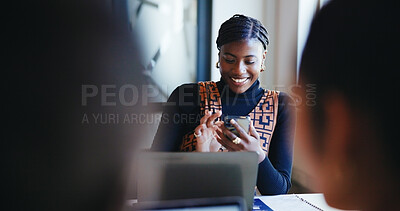 Buy stock photo Coworking, phone and smile with business woman in office for administration, report or research. App, laptop and text message with happy employee reading online information or knowledge in workplace