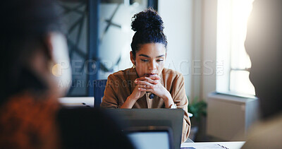 Buy stock photo Coworking, laptop and thinking with business woman in office for administration, report or research. Computer, development and ideas with employee reading online information or knowledge in workplace