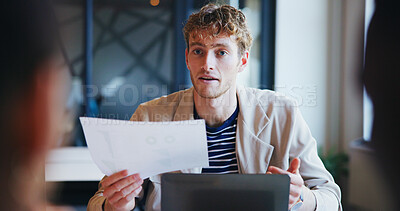 Buy stock photo Documents, interview and laptop with business man in meeting for hiring or recruitment process. Computer, contract or conversation with candidate and human resources team in office for job vacancy