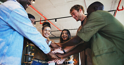 Buy stock photo Collaboration, huddle and motivation with business people in office together for celebration. Circle, pile of hands and scrum with employee team in creative workplace for bonus, goals or target