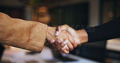 Buy stock photo Business people, handshake and collaboration for partnership, b2b deal or brand sponsorship. Closeup, cooperation and shaking hands for agreement, trust and thank you for campaign funding in office