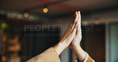 Buy stock photo High five, office and hands of business people for success, celebration and teamwork at company. Startup, professional and workers with gesture for collaboration agreement and support for coworking