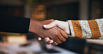 Business women, handshake and collaboration for partnership, b2b deal and brand sponsorship. Closeup, creative and shaking hands for agreement, trust and thank you for campaign funding in office