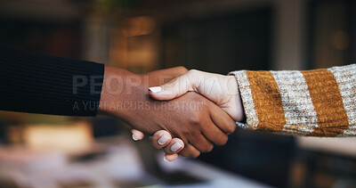 Buy stock photo Business people, handshake and collaboration for partnership, B2B deal and brand sponsorship. Closeup, creative and shaking hands for agreement, trust and thank you for campaign funding in office
