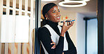 Black woman, phone and business talk with voice note for conversation, audio recording or speaker at office. African person, consultant and speaking on smartphone with mobile app for discussion