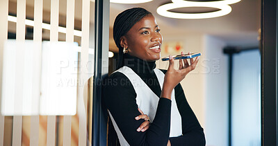 Buy stock photo Black woman, phone and business talk with voice note for conversation, audio recording or speaker at office. African person, consultant and speaking on smartphone with mobile app for discussion