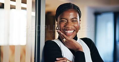 Buy stock photo Break, portrait and smile of business black woman in office for development or job opportunity. Ambition, confident and happy with excited African employee in workplace for start of design career