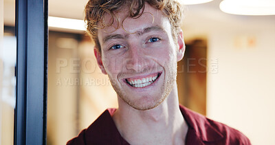 Buy stock photo Intern, portrait and smile with business man in office for storyboard artist, pride and talent. Creative, happiness and comic designer student or person in startup agency for learning opportunity
