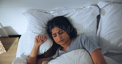 Buy stock photo Comfortable, fatigue and sleeping with woman in bed for morning or weekend break and wellness. Above, exhausted and tired with person asleep in bedroom of apartment for dreaming, nap or recovery