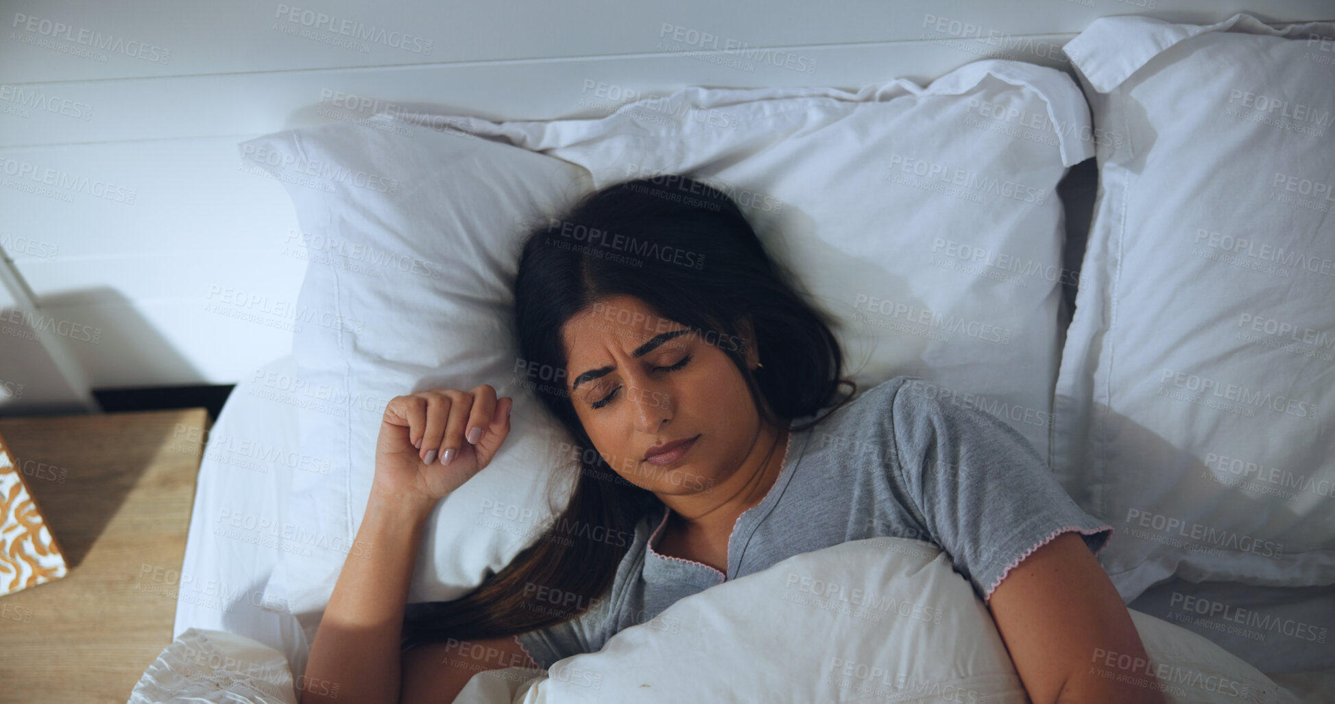 Buy stock photo Comfortable, fatigue and sleeping with woman in bed for morning or weekend break and wellness. Above, exhausted and tired with person asleep in bedroom of apartment for dreaming, nap or recovery