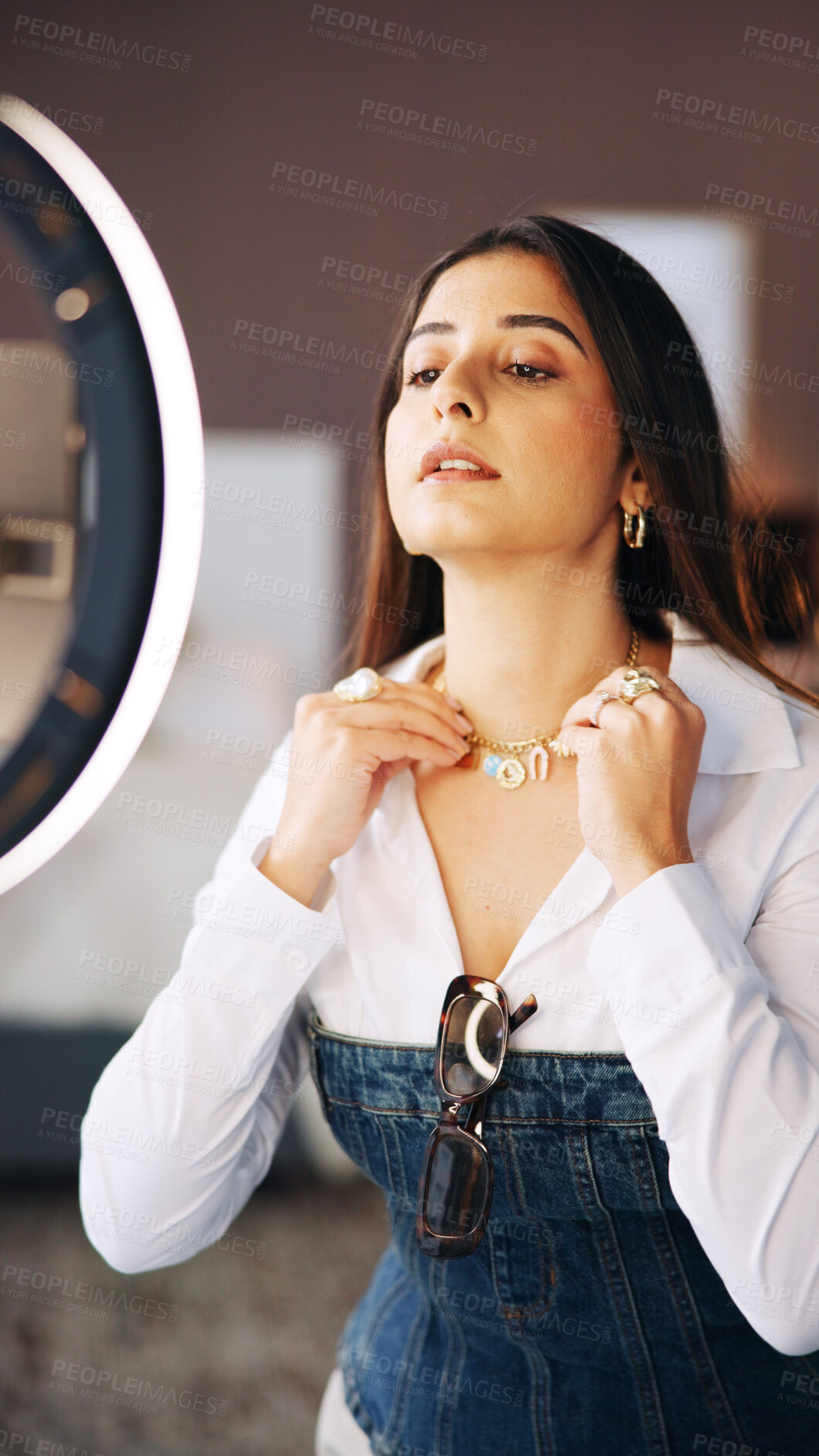Buy stock photo Woman, fashion and ring light at house for getting ready, jewellery accessory and promote brand. Person, influencer or content creation for filming video, styling tips and vlogging to advertise craft