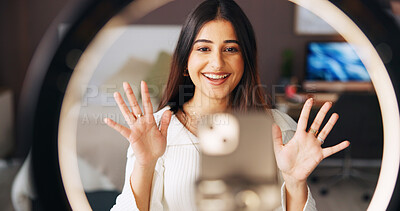 Buy stock photo Podcast, ring light and smile with influencer woman in home for live broadcast or recording. Face, phone and streaming with happy content creator in apartment for instructions or recommendation