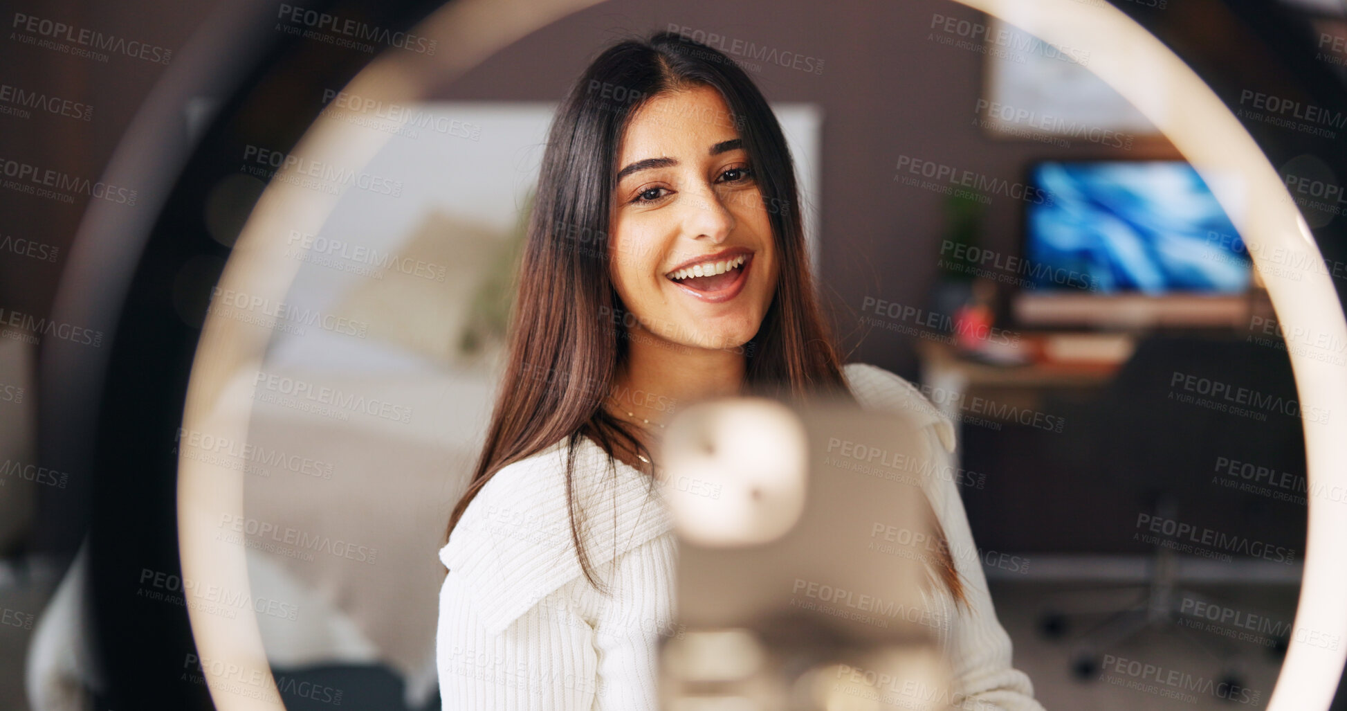 Buy stock photo Podcast, ring light and streaming with influencer woman in home for live broadcast or recording. Face, phone and tutorial with happy content creator in apartment for instructions or recommendation