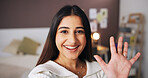 Portrait, woman and wave with content creator for live streaming, broadcast or welcome fans. Face, pov and happy influencer greeting for social media, online communication and hello on vlog in home