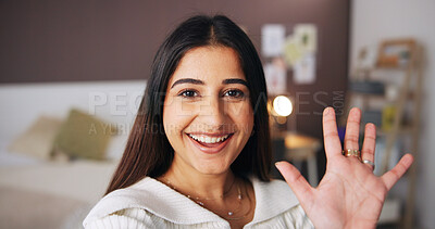 Buy stock photo Portrait, woman and wave with content creator for live streaming, broadcast or welcome fans. Face, POV and happy influencer greeting for social media, online communication and hello on vlog in home