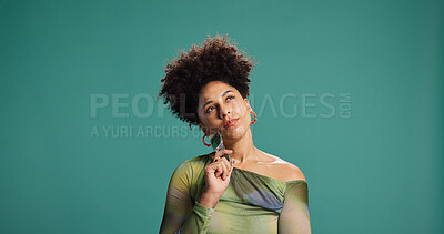Buy stock photo Woman, thinking and fashion in studio with opinion, designer choice and idea for style. African person, afro and accessories on green background space with casual offer, question and making decision