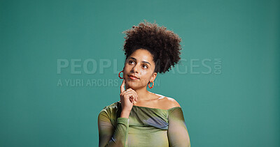 Buy stock photo Woman, thinking and fashion in studio with choice, design opinion and idea for style. African person, afro and accessories on green background space with casual offer, question and making decision