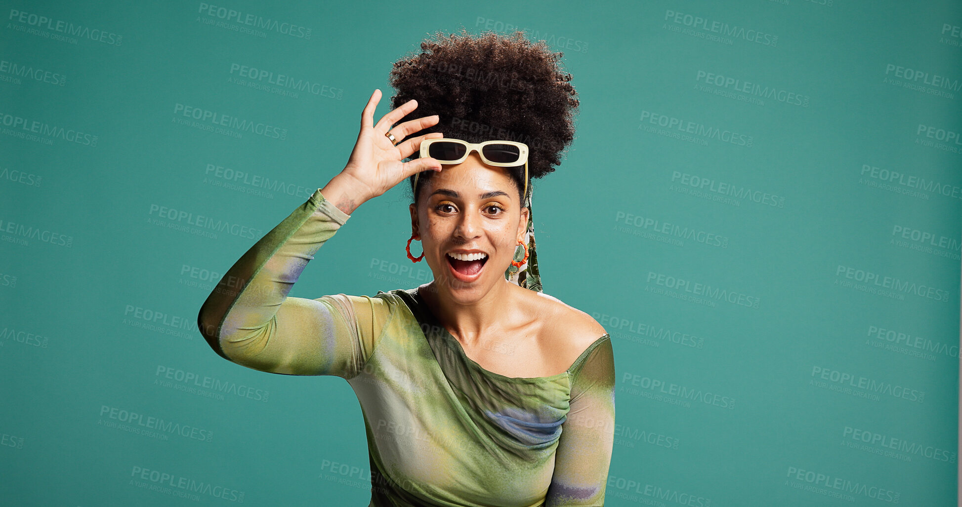 Buy stock photo Shocked, fashion and excited woman in studio with mouth open, wow and happy for announcement. African person,  surprise and portrait for expression, discount or gossip on green background with space