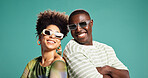 Fashion, arms crossed and couple or  people in studio for style, sunglasses and support. Happiness, relationship and clothes pride with African man and woman on green background for love and bonding