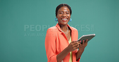 Buy stock photo Portrait, black woman and tablet for fashion in studio for research, ecommerce and update website. Designer, laughing and digital for advertising, clothes feedback and information on green background