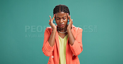 Buy stock photo Black woman, fashion designer and stress with headache in studio for vertigo on a green background. Female person, African model or frustrated with migraine for clothing or mistake by mockup space