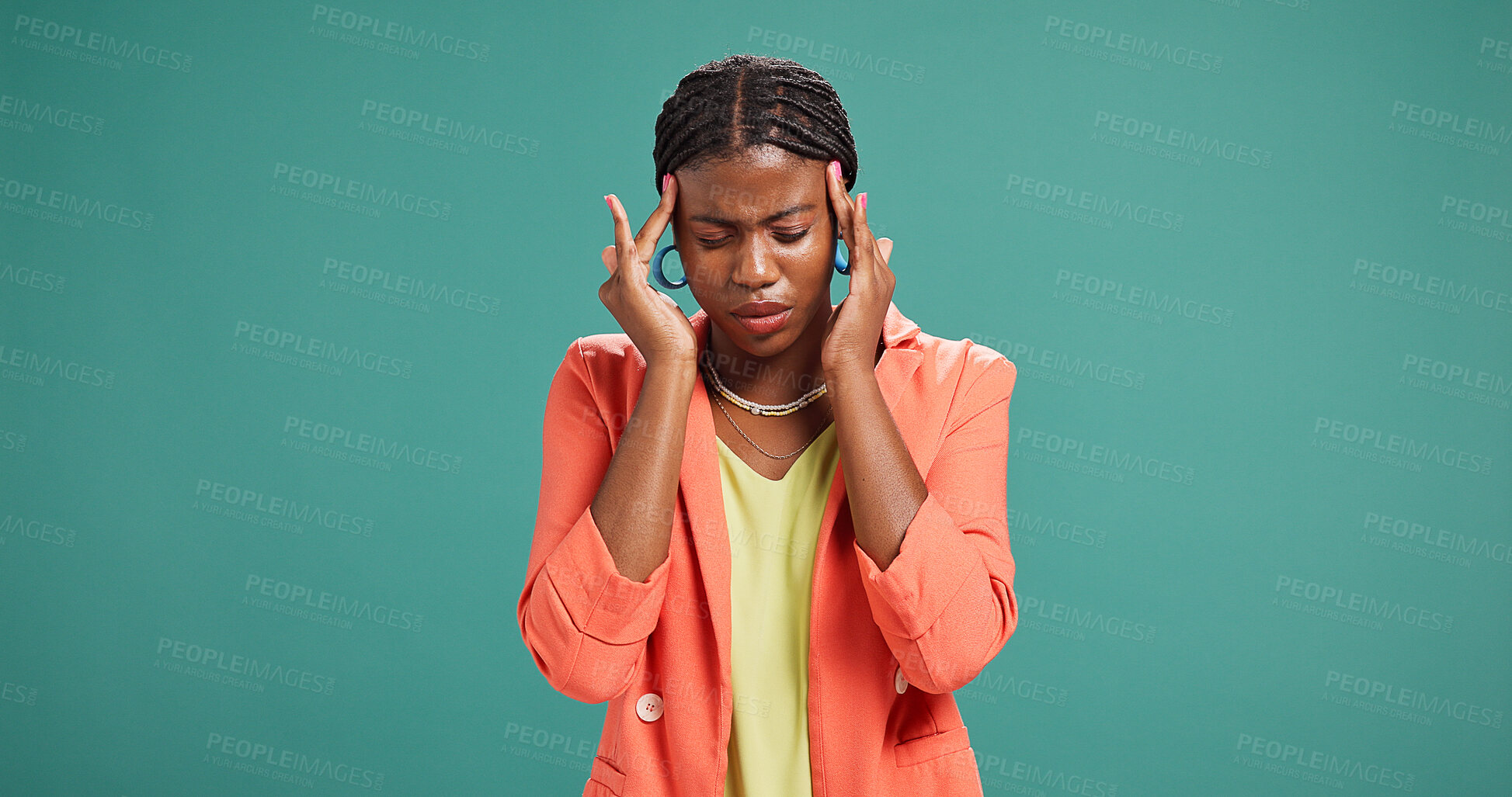 Buy stock photo Black woman, fashion designer and stress with headache in studio for vertigo on a green background. Female person, African model or frustrated with migraine for clothing or mistake by mockup space