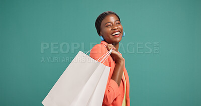 Buy stock photo Portrait, fashion and woman with shopping bag, studio or happy for discount, pride and mockup space. Green background, shopper and black person with products on sale, smile and customer with gift