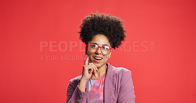 Buy stock photo Thinking, business and woman in studio, surprise and fashion designer on red background. Shocked, person and entrepreneur with idea, creative and problem solving for project, inspiration and solution