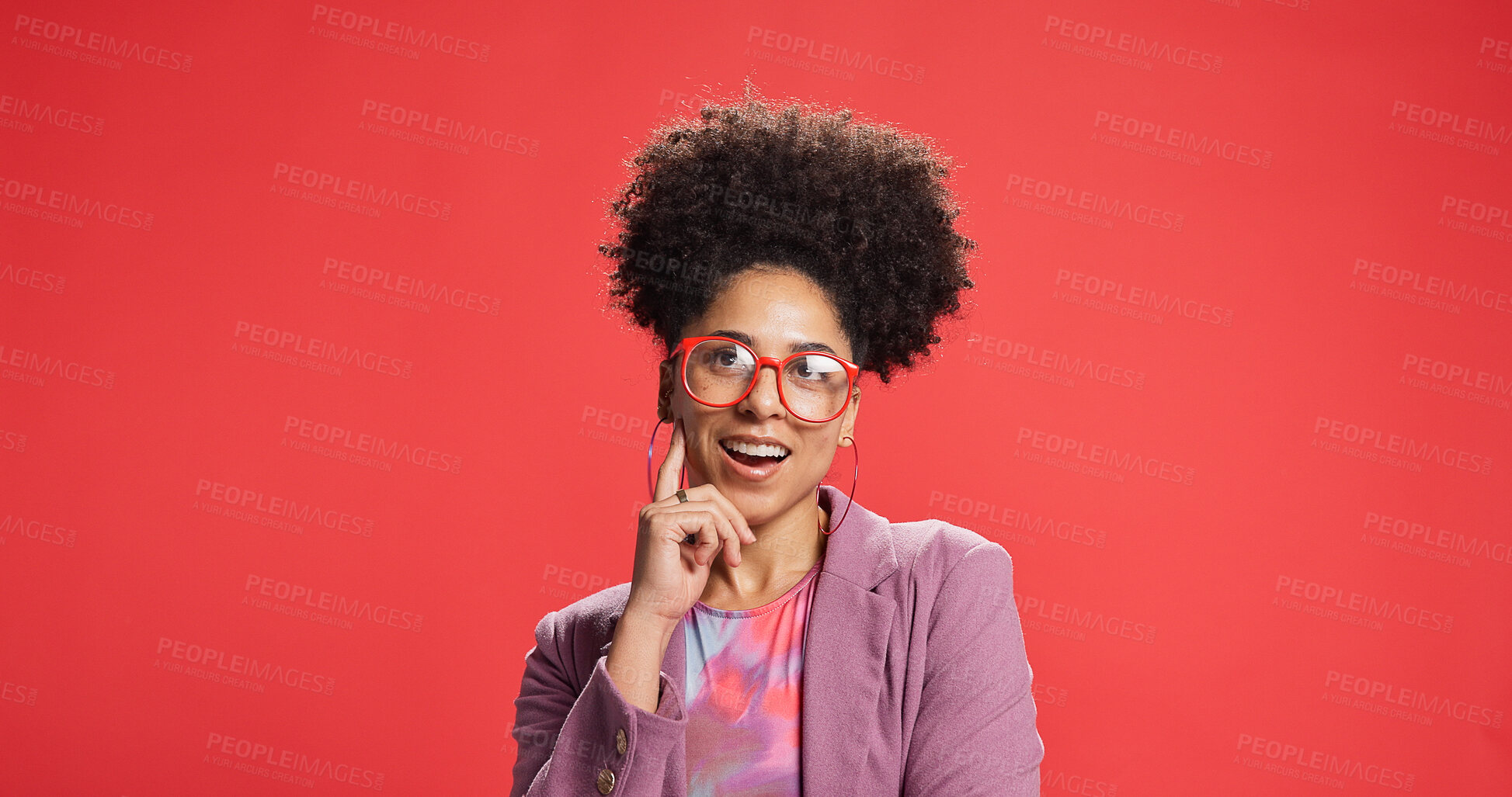 Buy stock photo Thinking, business and woman in studio, surprise and fashion designer on red background. Shocked, person and entrepreneur with idea, creative and problem solving for project, inspiration and solution