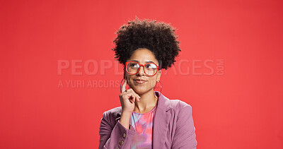 Buy stock photo Thinking, business and woman in studio, decision and fashion designer on red background. Glasses, person and entrepreneur with creativity, ideas and problem solving for project, choice and solution