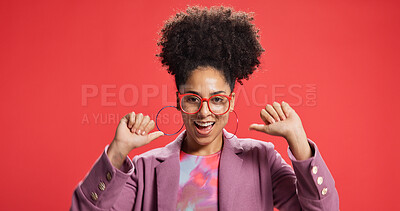Buy stock photo Self, woman and pointing with portrait in studio for fashion week selection, opportunity and pride. Mockup, designer and choice emoji for creative promotion and design award vanity on red background