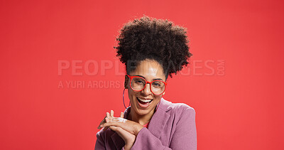 Buy stock photo Excited, woman and smile with glasses, portrait or fashion designer with pride or studio background. Confident, stylist and African person with opportunity for startup, mockup space and eyewear