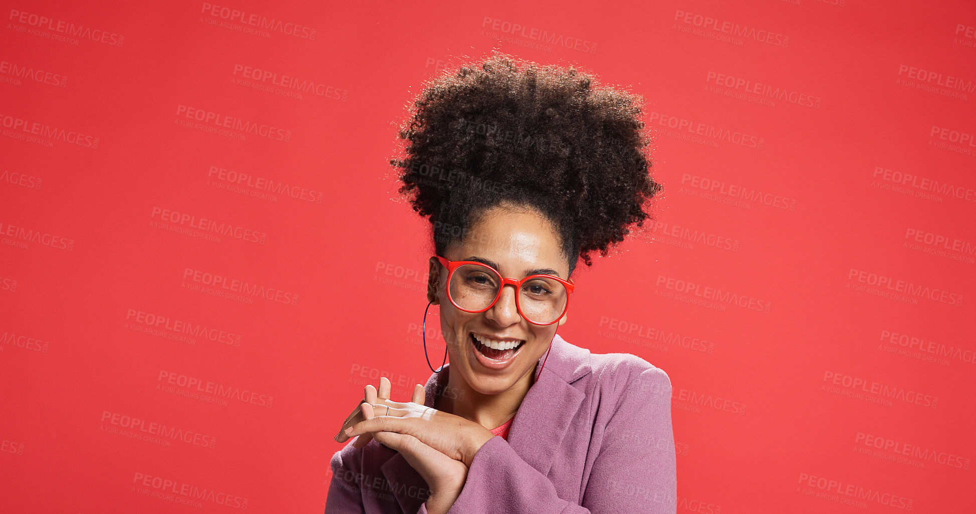 Buy stock photo Excited, woman and smile with glasses, portrait or fashion designer with pride or studio background. Confident, stylist and African person with opportunity for startup, mockup space and eyewear