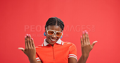 Buy stock photo Happy, portrait or black woman with fashion accessories in studio for style on a red background. Female person, African model or smile with nail treatment for manicure or finger art on mockup space