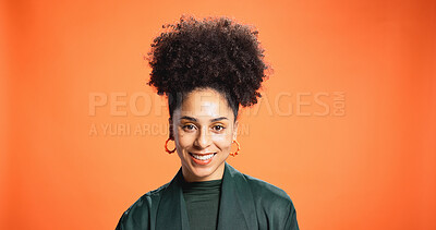 Buy stock photo Portrait, African woman and designer on studio background for fashion, trendy clothes and bold style. Smile, mockup space and person with retro aesthetic, elegant outfit and accessories as stylist