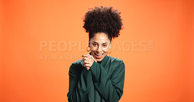 Buy stock photo Happy woman, portrait and fashion with surprise in studio for style on an orange background. Female person, African model or smile in joy for relief, excitement or clothing design on mockup space