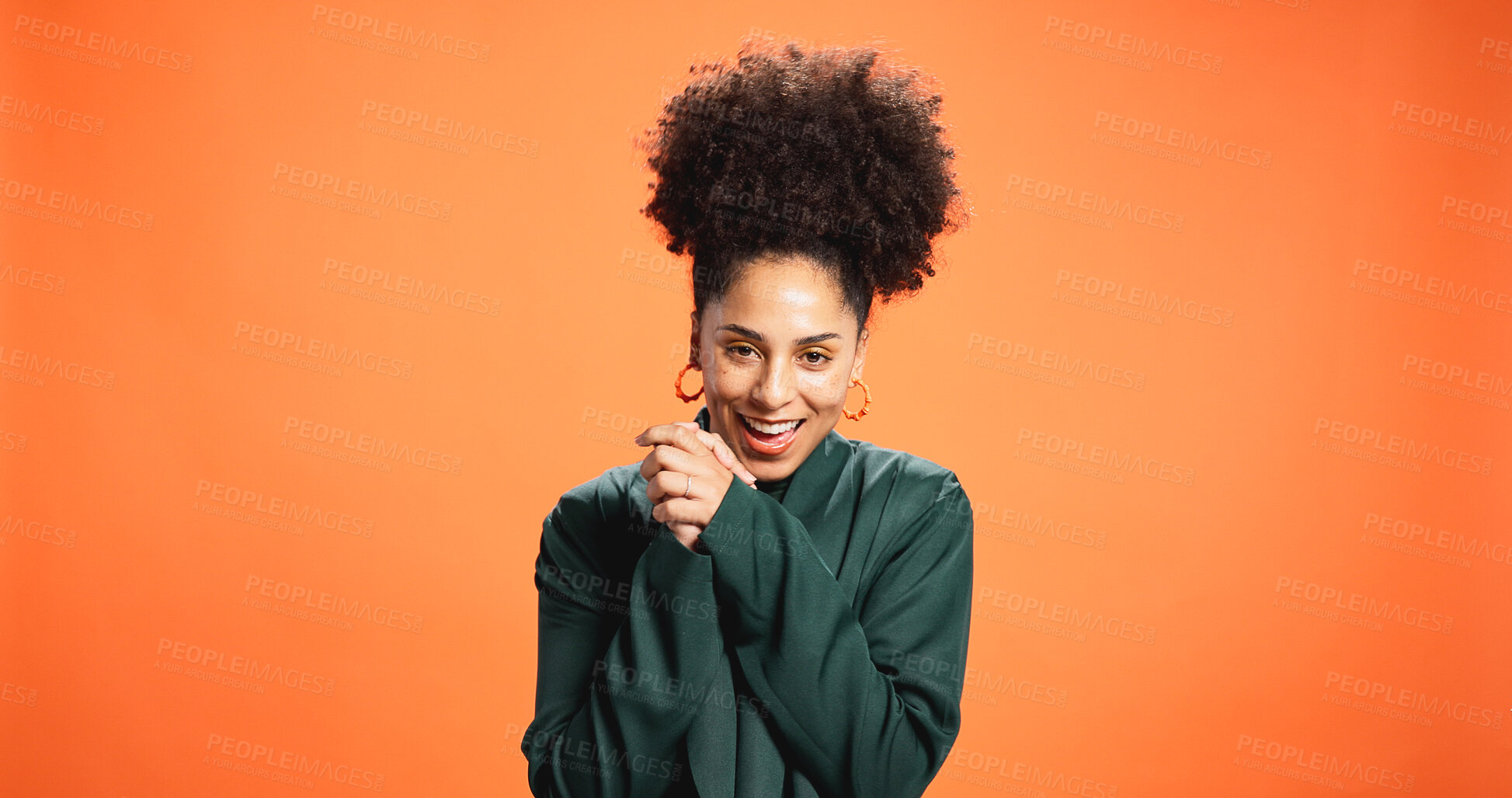 Buy stock photo Happy woman, portrait and fashion with surprise in studio for style on an orange background. Female person, African model or smile in joy for relief, excitement or clothing design on mockup space