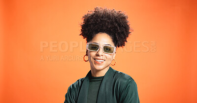 Buy stock photo Portrait, African woman and sunglasses in studio background, trendy clothes and bold style. Smile, female person and fashion with retro aesthetic, elegant outfit and accessories as classy designer