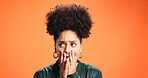 Surprise, scared and woman with fear in studio for bad news, omg reaction or panic for danger. Mockup space, african person and overwhelmed on orange background for announcement and unexpected terror
