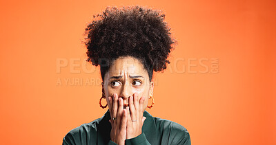 Buy stock photo Surprise, scared and woman with fear in studio for bad news, omg reaction or panic for danger. Mockup space, african person and overwhelmed on orange background for announcement and unexpected terror