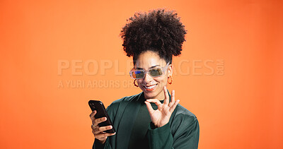Buy stock photo Woman, phone and okay gesture in studio background for fashion, promotion and clothes opinion. African person, mobile or sunglasses at space with like sign, social media deal or vote of outfit choice