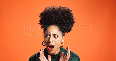 Buy stock photo Surprise, fear and woman with shock in studio for bad news, overwhelmed or panic for drama. Mockup space, african person and omg reaction on orange background for scary experience or unexpected alarm
