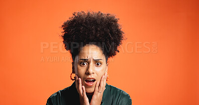 Buy stock photo Surprise, portrait and woman with shock in studio for bad news, overwhelmed or panic for crisis. Mockup space, african person or omg reaction on orange background for announcement and unexpected fear