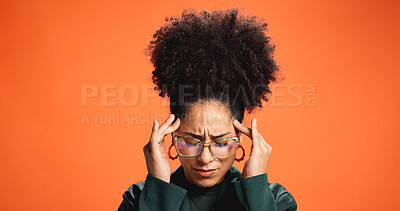 Buy stock photo Stress, headache and woman in studio with pain, sick and massage temples on orange background. Migraine, fatigue and African person with pressure, tension and brain fog with space for mental health
