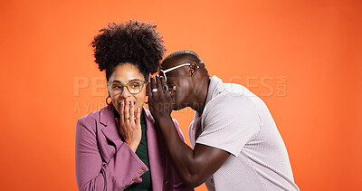 Buy stock photo Gossip, news and whisper with friends in studio for information, announcement and secret. Wow, surprise and communication with African people on orange background for space, story and privacy