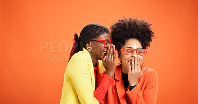 Buy stock photo Gossip, secret and whisper with friends in studio for information, announcement and news. Wow, surprise and communication with African people on orange background for space, story and privacy