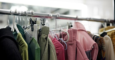 Buy stock photo Fashion, clothes and shopping with rack in store for wardrobe choice, decision and retail. Sale on apparel, closet option and boutique with railing in mall for tailor, outfit and designer selection