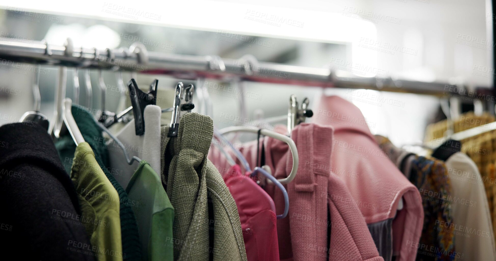 Buy stock photo Fashion, clothes and shopping with rack in store for wardrobe choice, decision and retail. Sale on apparel, closet option and boutique with railing in mall for tailor, outfit and designer selection